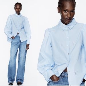 Zara Jewel and Pearl Poplin Shirt Long Sleeve Blue
